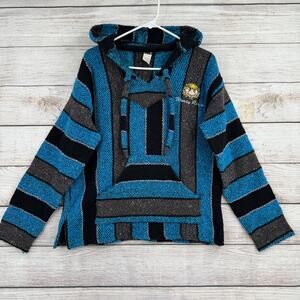 Vintage Woody Resin Striped Poncho Hoodie Mens Large Blue Black Surf Beach
